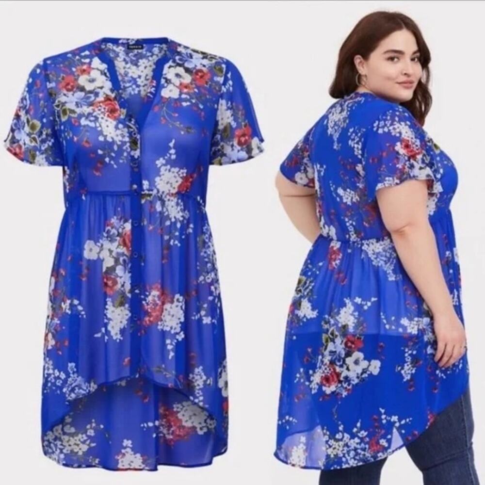 Torrid Lexie Chiffon Hi-Lo Babydoll Tunic 3X  Button Front Festival Swim Coverup
